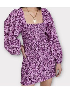 Free People Women Smock It To Me Mini Dress Size L Boho Floral Puffed Sleeve NEW